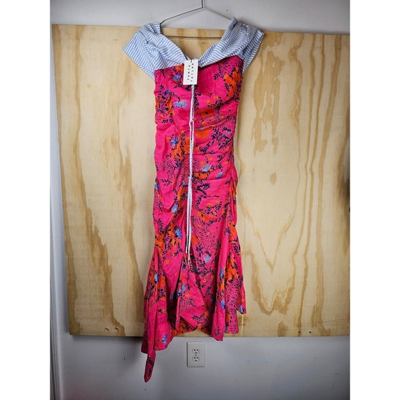 TANYA TAYLOR Virginia Ruched Silk Off the Shoulder Dress Midi‎ - Picture 2 of 12